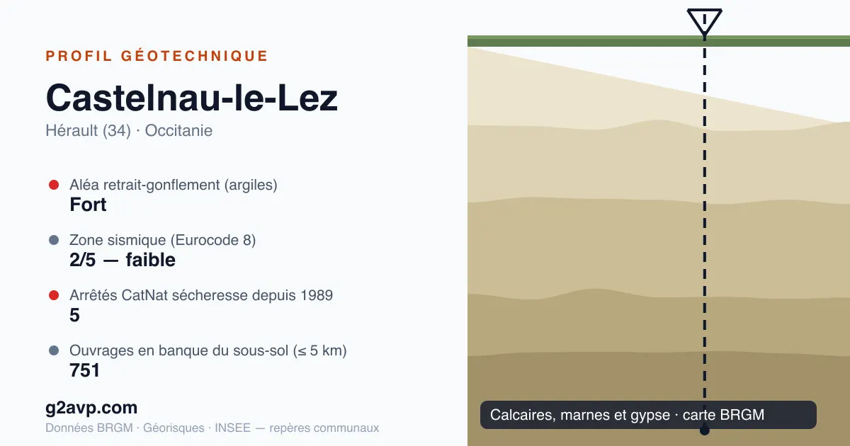Profil géotechnique de Castelnau-le-Lez — calcaires, marnes et gypse — aléa retrait-gonflement fort — 5 arrêtés CatNat sécheresse