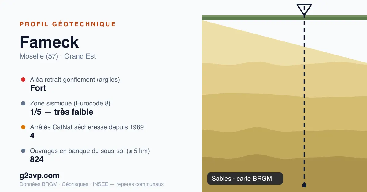 Profil géotechnique de Fameck — sables — aléa retrait-gonflement fort — 4 arrêtés CatNat sécheresse