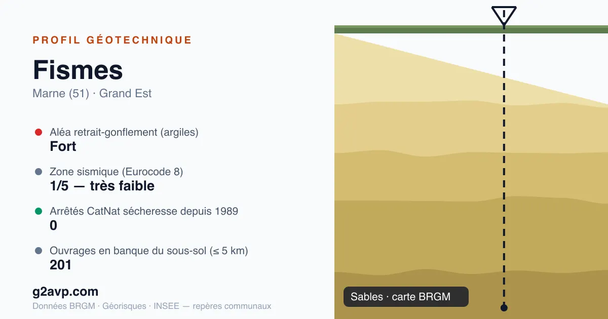 Profil géotechnique de Fismes — sables — aléa retrait-gonflement fort — 0 arrêté CatNat sécheresse