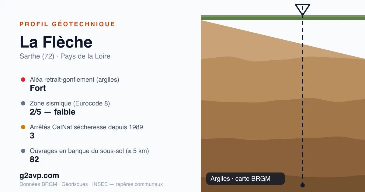 Profil géotechnique de La Flèche — argiles — aléa retrait-gonflement fort — 3 arrêtés CatNat sécheresse