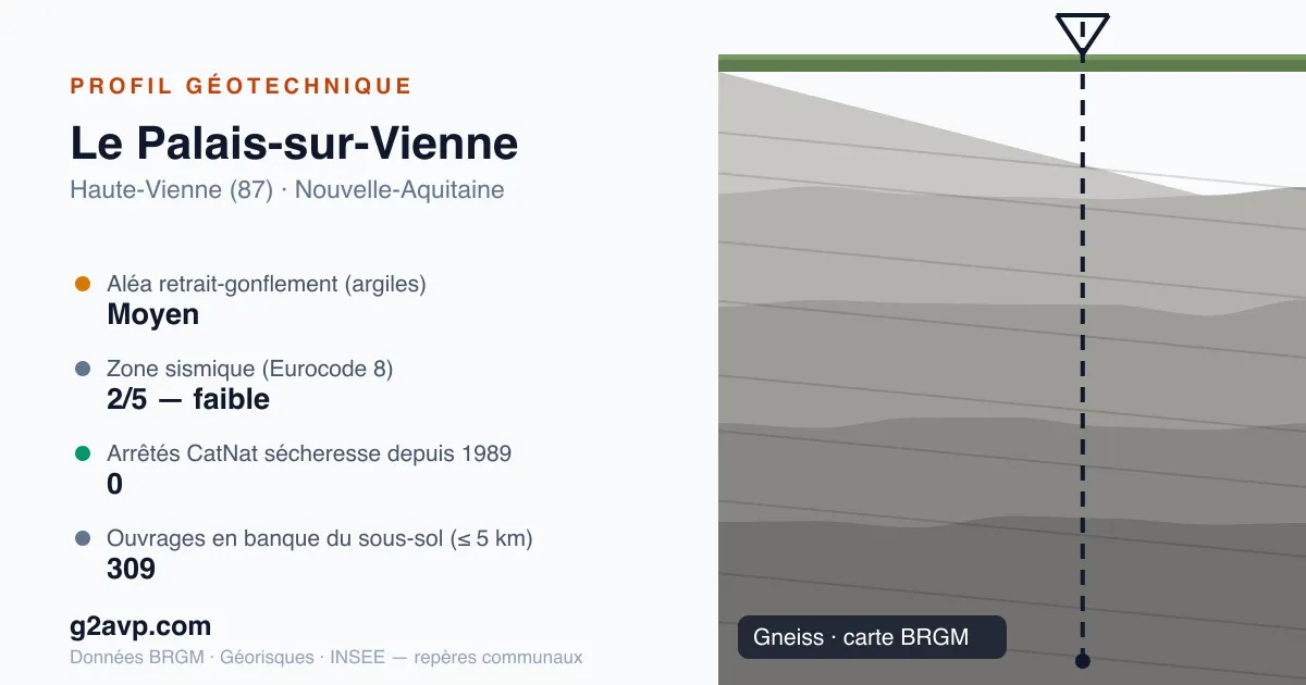 Profil géotechnique de Le Palais-sur-Vienne — gneiss — aléa retrait-gonflement moyen — 0 arrêté CatNat sécheresse