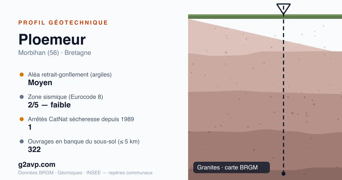 Profil géotechnique de Ploemeur — granites — aléa retrait-gonflement moyen — 1 arrêté CatNat sécheresse