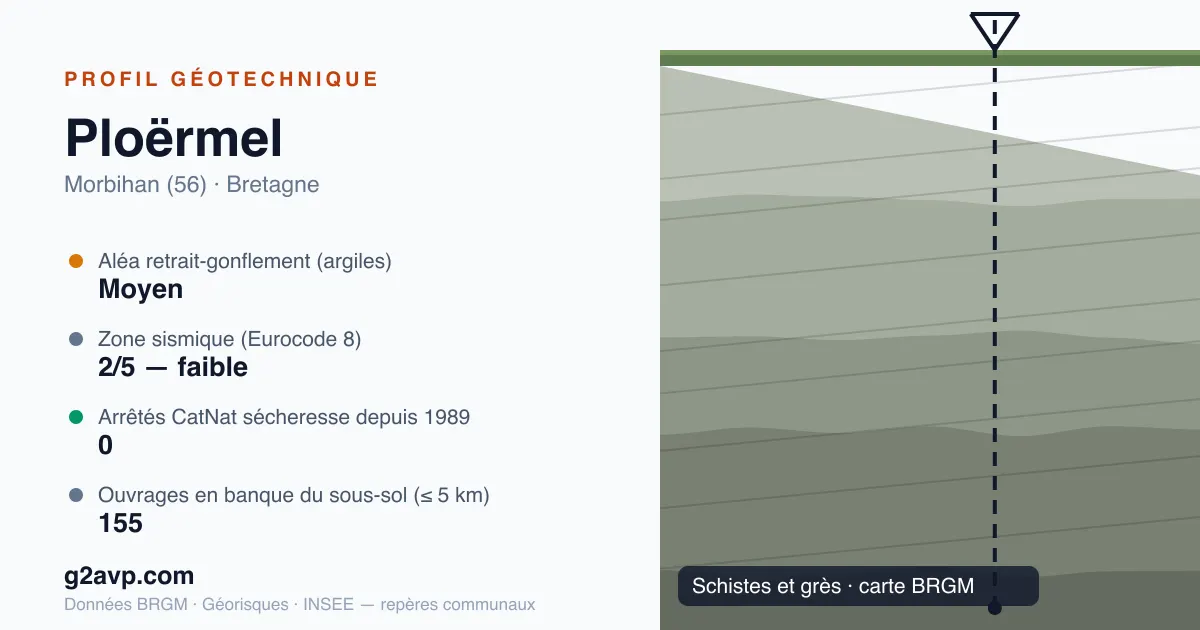 Profil géotechnique de Ploërmel — schistes et grès — aléa retrait-gonflement moyen — 0 arrêté CatNat sécheresse