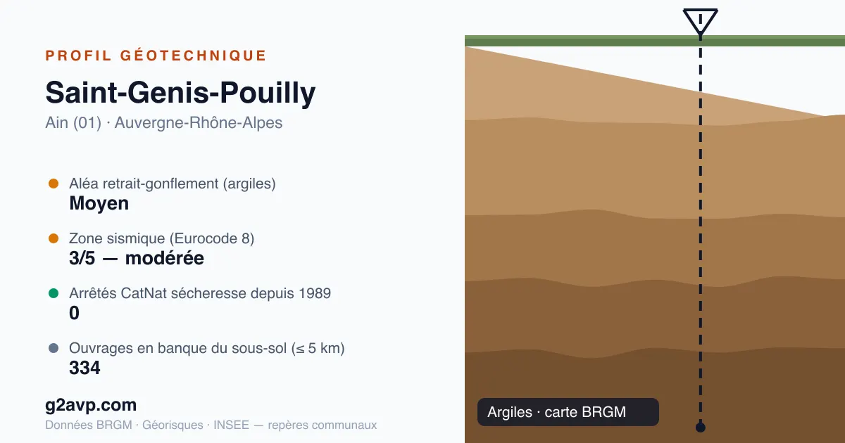 Profil géotechnique de Saint-Genis-Pouilly — argiles — aléa retrait-gonflement moyen — 0 arrêté CatNat sécheresse