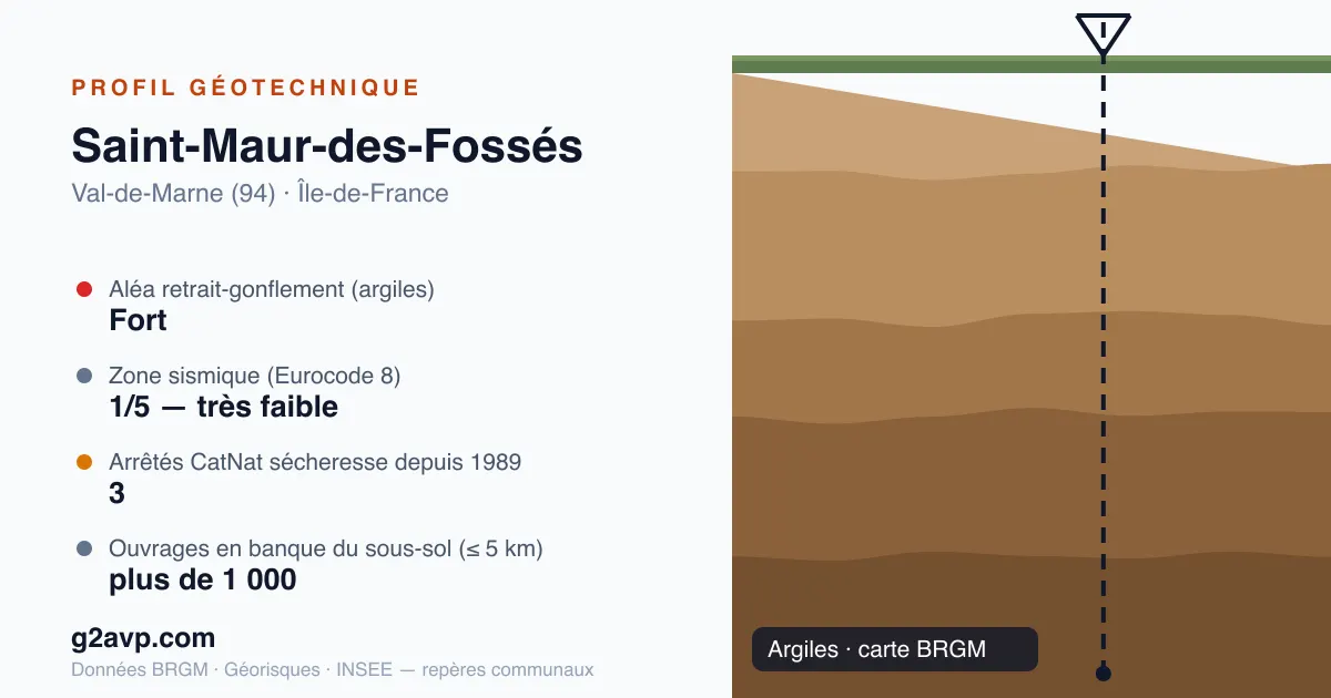 Profil géotechnique de Saint-Maur-des-Fossés — argiles — aléa retrait-gonflement fort — 3 arrêtés CatNat sécheresse