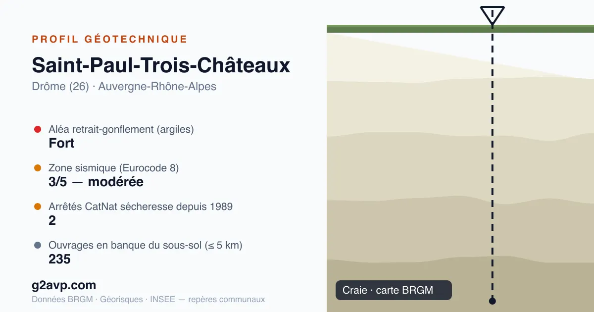 Profil géotechnique de Saint-Paul-Trois-Châteaux — craie — aléa retrait-gonflement fort — 2 arrêtés CatNat sécheresse