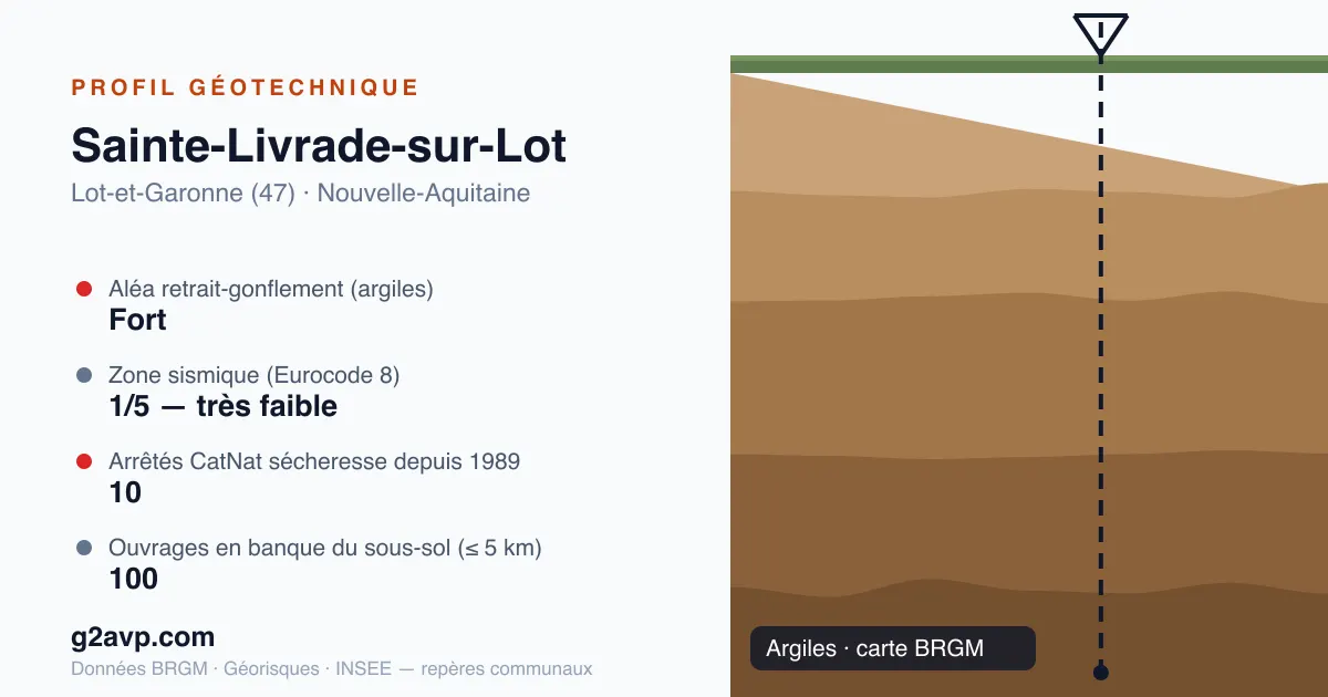Profil géotechnique de Sainte-Livrade-sur-Lot — argiles — aléa retrait-gonflement fort — 10 arrêtés CatNat sécheresse