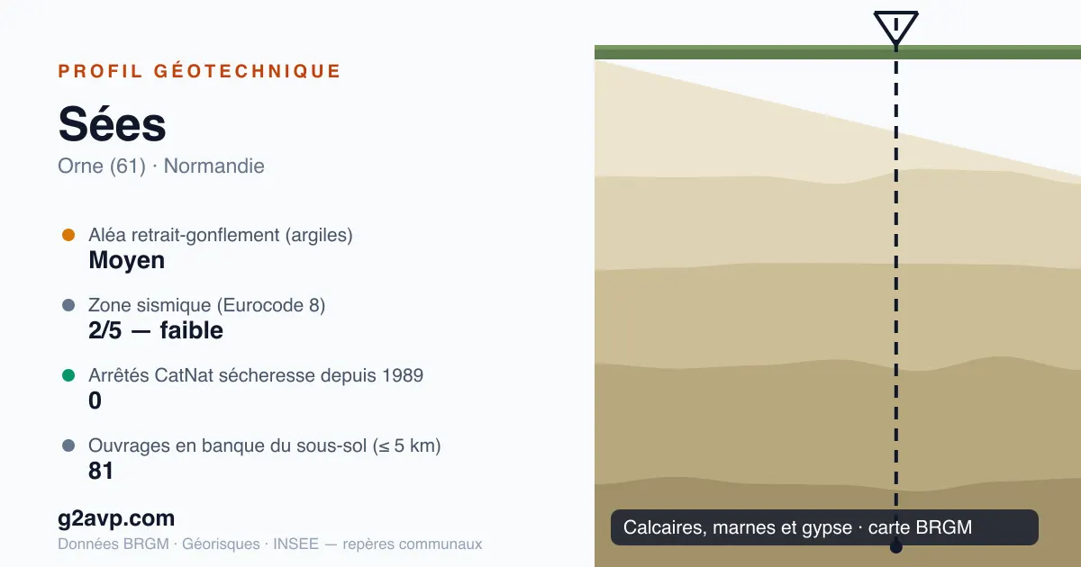 Profil géotechnique de Sées — calcaires, marnes et gypse — aléa retrait-gonflement moyen — 0 arrêté CatNat sécheresse