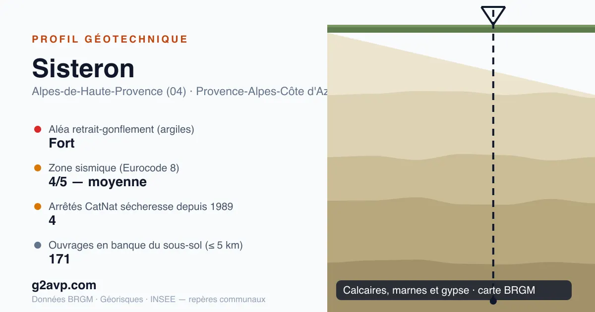 Profil géotechnique de Sisteron — calcaires, marnes et gypse — aléa retrait-gonflement fort — 4 arrêtés CatNat sécheresse