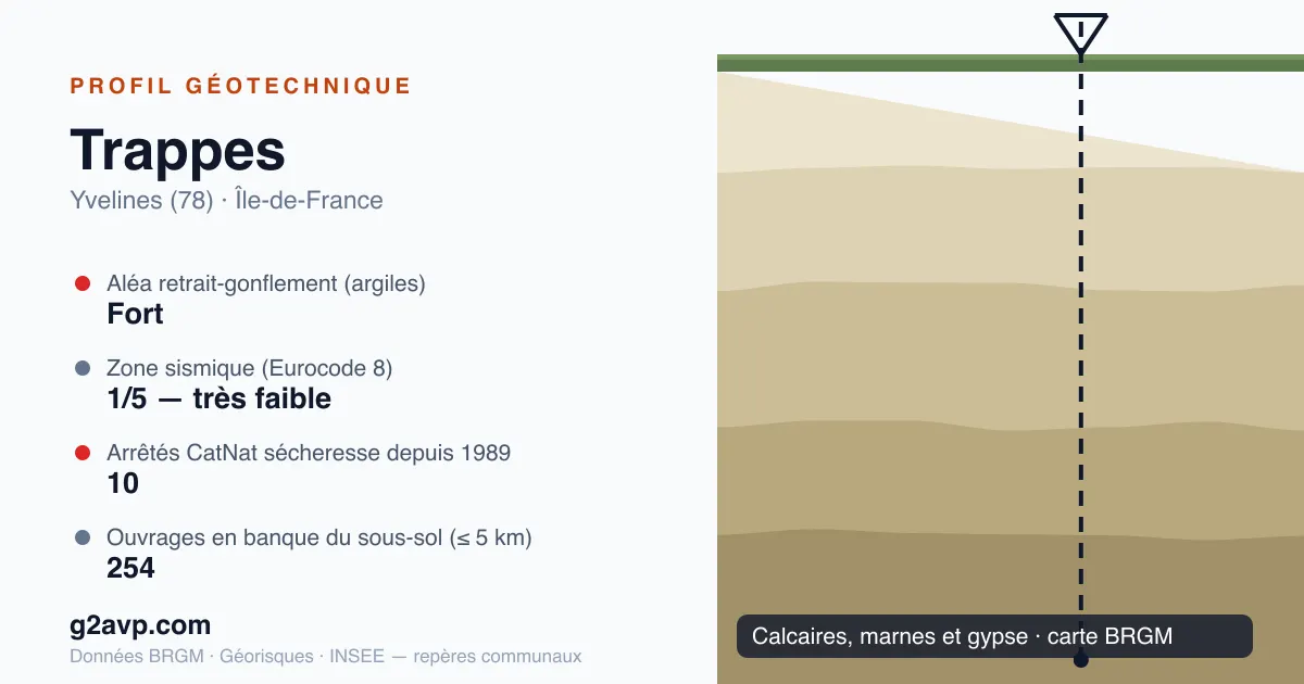 Profil géotechnique de Trappes — calcaires, marnes et gypse — aléa retrait-gonflement fort — 10 arrêtés CatNat sécheresse