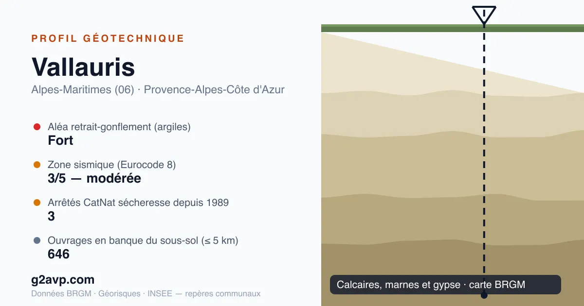 Profil géotechnique de Vallauris — calcaires, marnes et gypse — aléa retrait-gonflement fort — 3 arrêtés CatNat sécheresse