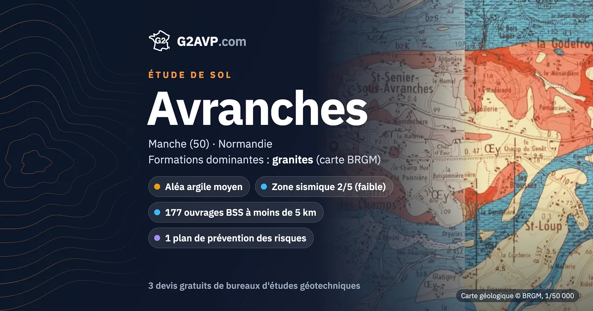 Étude de sol à Avranches : carte géologique BRGM du secteur, formations dominantes granites, aléa retrait-gonflement moyen, 0 arrêté CatNat sécheresse