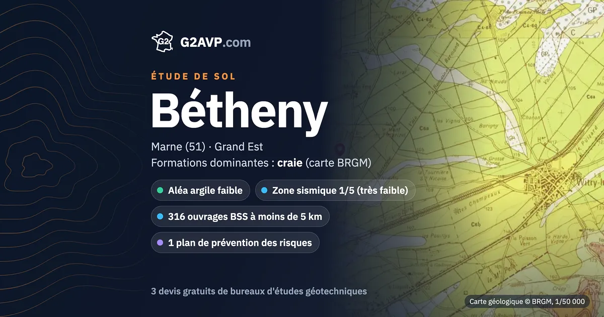Étude de sol à Bétheny : carte géologique BRGM du secteur, formations dominantes craie, aléa retrait-gonflement faible, 0 arrêté CatNat sécheresse