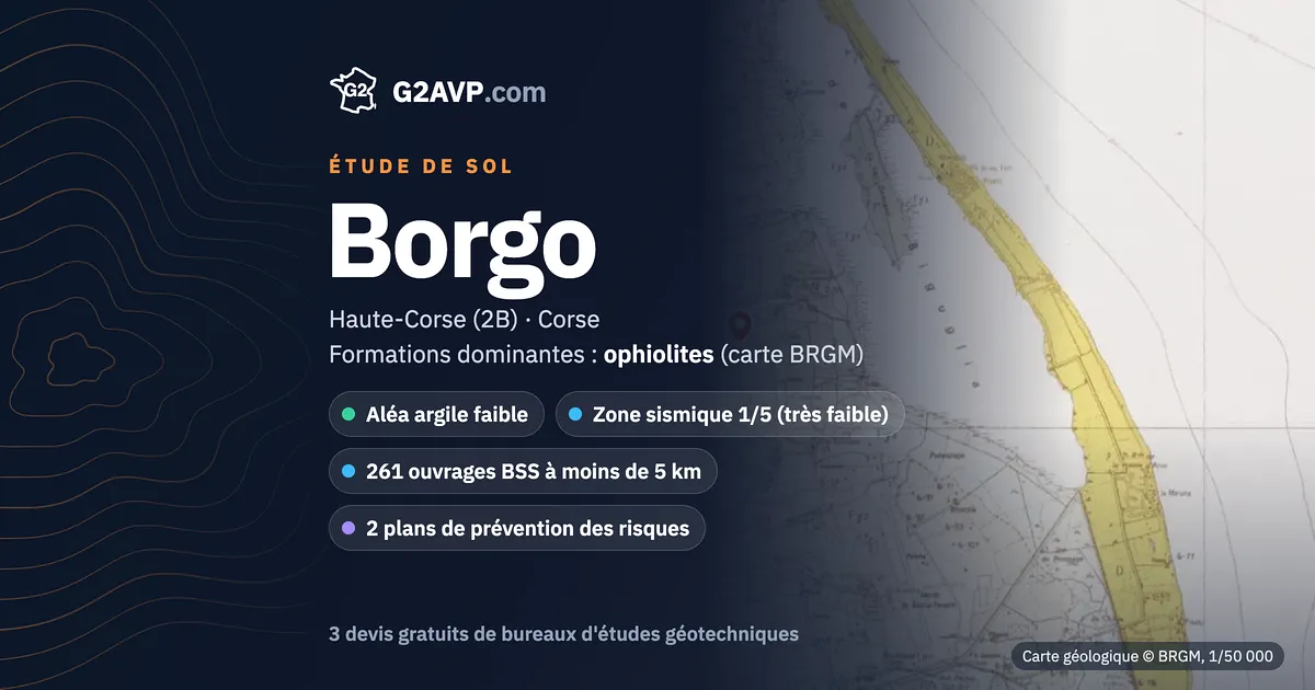 Étude de sol à Borgo : carte géologique BRGM du secteur, formations dominantes ophiolites, aléa retrait-gonflement faible, 0 arrêté CatNat sécheresse