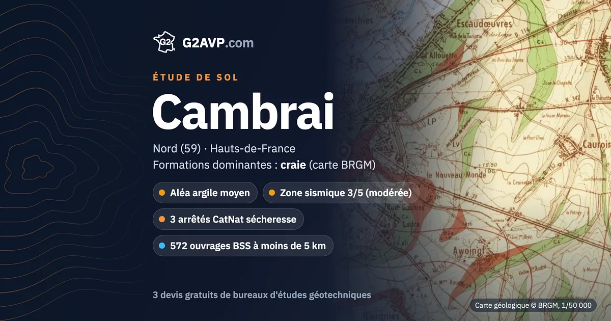 Étude de sol à Cambrai : carte géologique BRGM du secteur, formations dominantes craie, aléa retrait-gonflement moyen, 3 arrêtés CatNat sécheresse