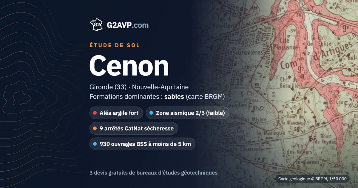 Étude de sol à Cenon : carte géologique BRGM du secteur, formations dominantes sables, aléa retrait-gonflement fort, 9 arrêtés CatNat sécheresse