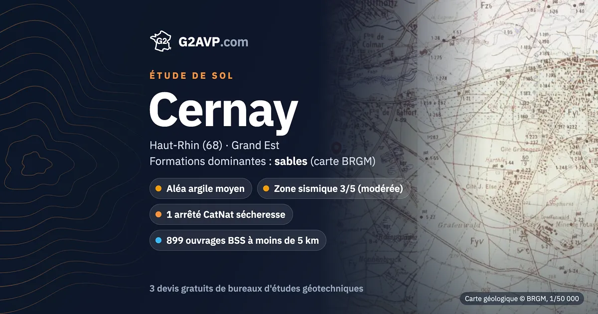 Étude de sol à Cernay : carte géologique BRGM du secteur, formations dominantes sables, aléa retrait-gonflement moyen, 1 arrêté CatNat sécheresse
