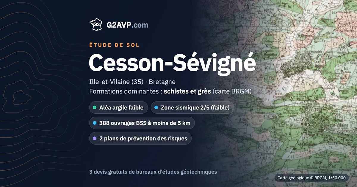 Étude de sol à Cesson-Sévigné : carte géologique BRGM du secteur, formations dominantes schistes et grès, aléa retrait-gonflement faible, 0 arrêté CatNat sécheresse