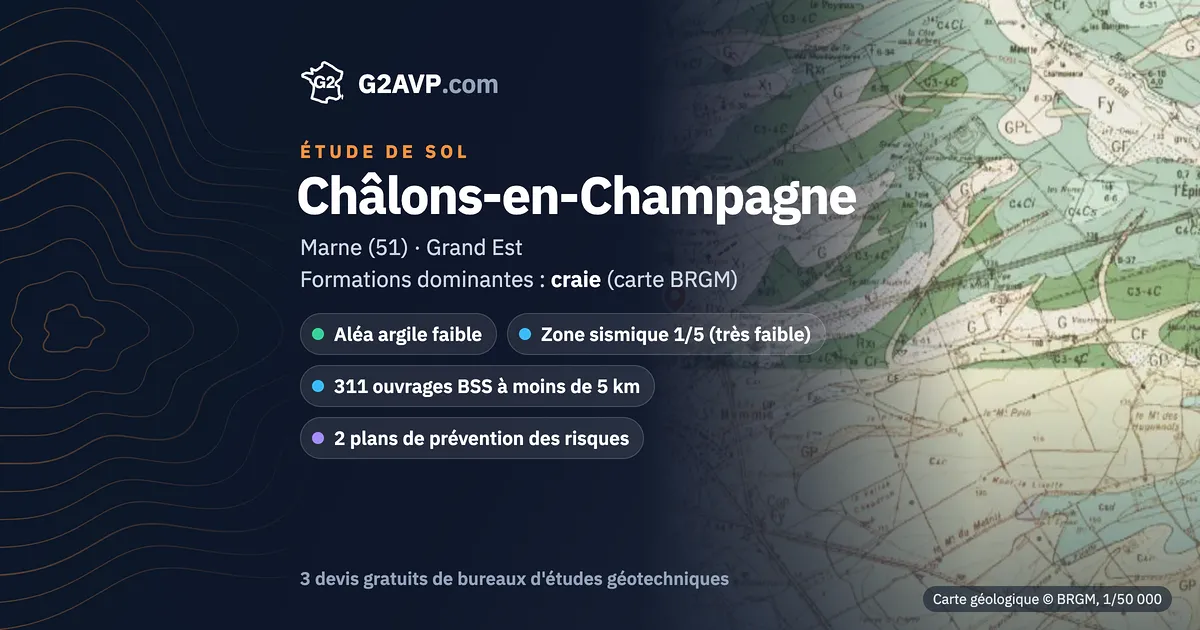 Étude de sol à Châlons-en-Champagne : carte géologique BRGM du secteur, formations dominantes craie, aléa retrait-gonflement faible, 0 arrêté CatNat sécheresse