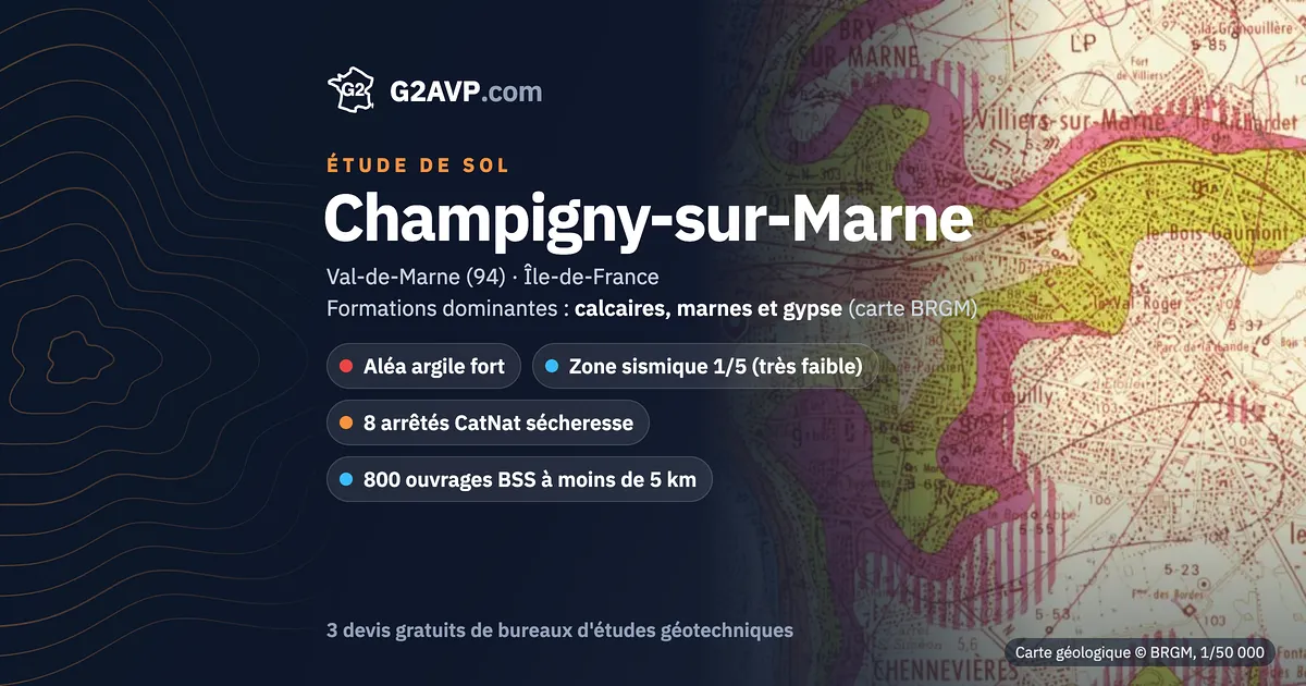 Étude de sol à Champigny-sur-Marne : carte géologique BRGM du secteur, formations dominantes calcaires, marnes et gypse, aléa retrait-gonflement fort, 8 arrêtés CatNat sécheresse