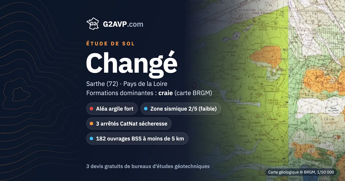Étude de sol à Changé : carte géologique BRGM du secteur, formations dominantes craie, aléa retrait-gonflement fort, 3 arrêtés CatNat sécheresse