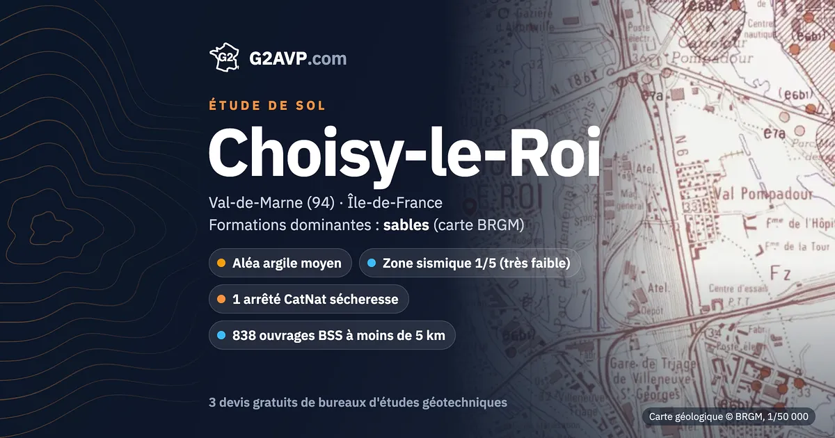 Étude de sol à Choisy-le-Roi : carte géologique BRGM du secteur, formations dominantes sables, aléa retrait-gonflement moyen, 1 arrêté CatNat sécheresse