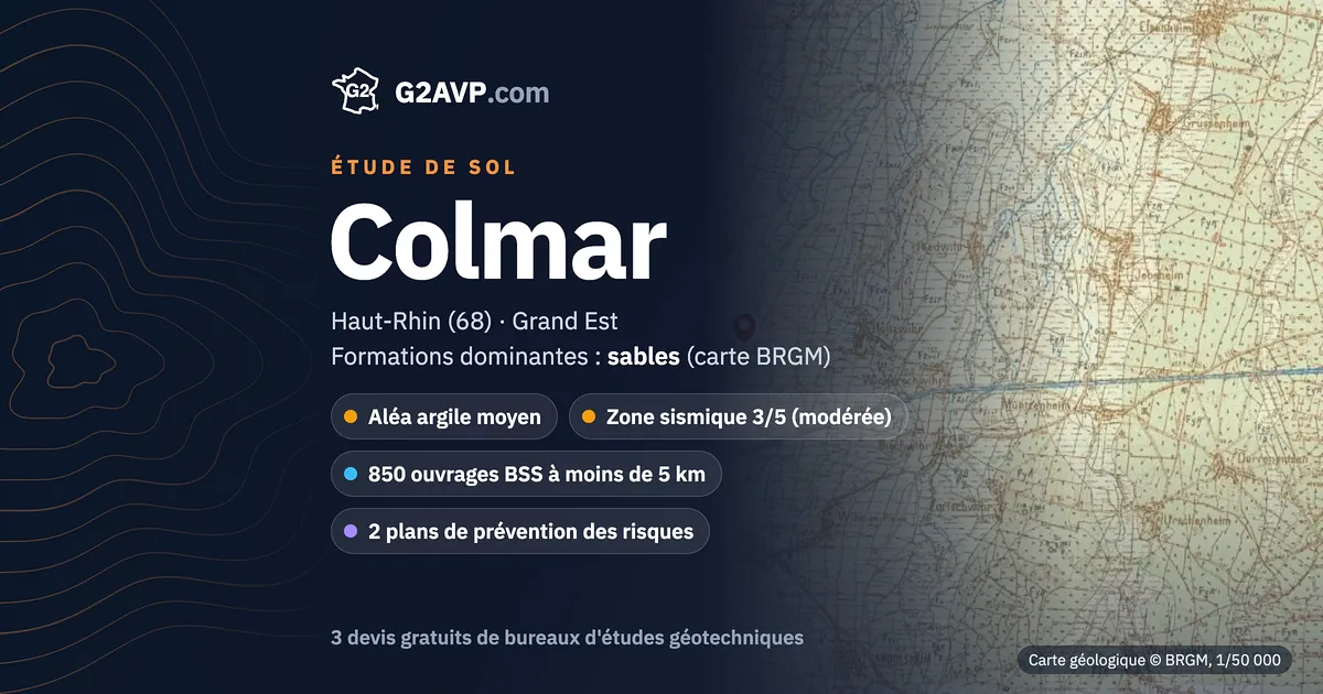 Étude de sol à Colmar : carte géologique BRGM du secteur, formations dominantes sables, aléa retrait-gonflement moyen, 0 arrêté CatNat sécheresse