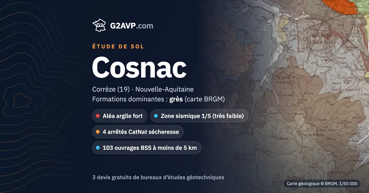Étude de sol à Cosnac : carte géologique BRGM du secteur, formations dominantes grès, aléa retrait-gonflement fort, 4 arrêtés CatNat sécheresse