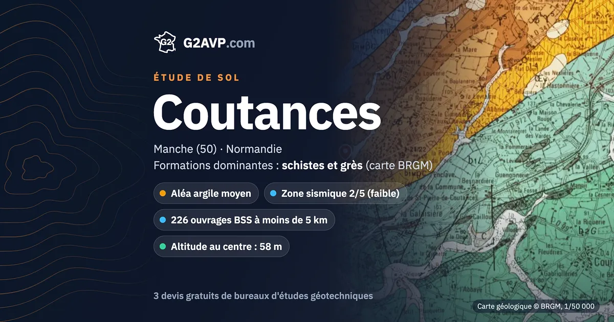 Étude de sol à Coutances : carte géologique BRGM du secteur, formations dominantes schistes et grès, aléa retrait-gonflement moyen, 0 arrêté CatNat sécheresse
