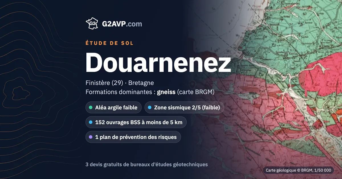 Étude de sol à Douarnenez : carte géologique BRGM du secteur, formations dominantes gneiss, aléa retrait-gonflement faible, 0 arrêté CatNat sécheresse
