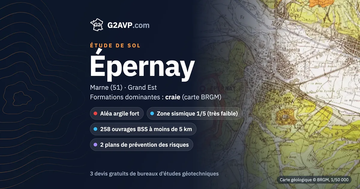 Étude de sol à Épernay : carte géologique BRGM du secteur, formations dominantes craie, aléa retrait-gonflement fort, 0 arrêté CatNat sécheresse