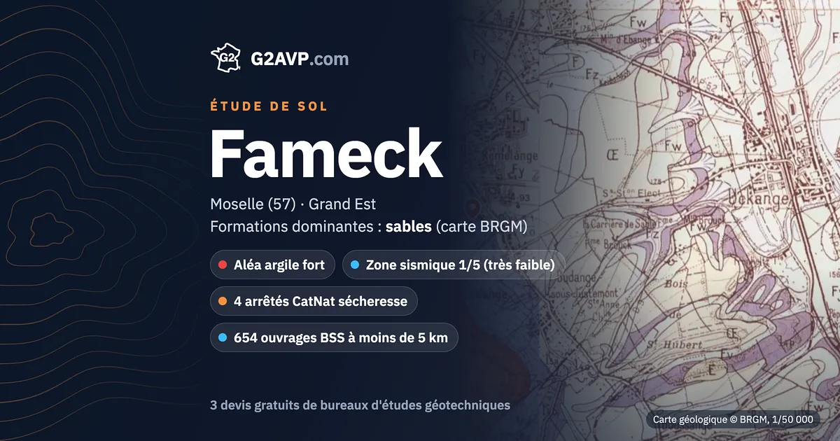 Étude de sol à Fameck : carte géologique BRGM du secteur, formations dominantes sables, aléa retrait-gonflement fort, 4 arrêtés CatNat sécheresse