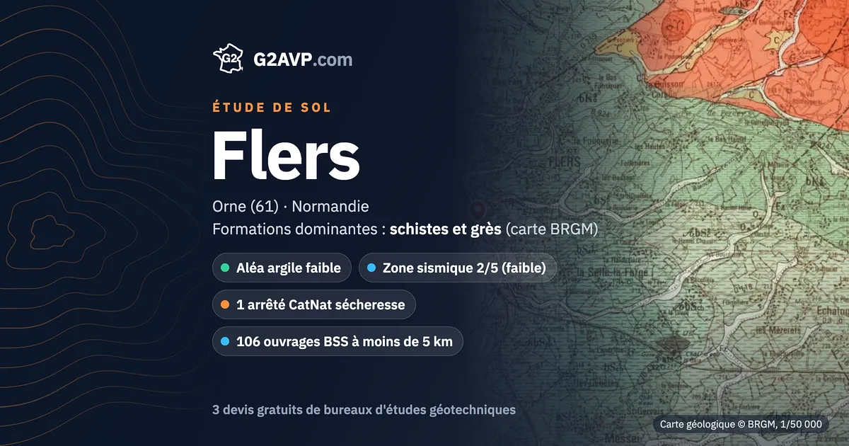 Étude de sol à Flers : carte géologique BRGM du secteur, formations dominantes schistes et grès, aléa retrait-gonflement faible, 1 arrêté CatNat sécheresse