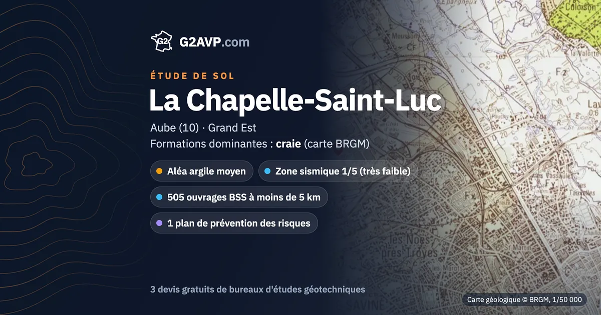 Étude de sol à La Chapelle-Saint-Luc : carte géologique BRGM du secteur, formations dominantes craie, aléa retrait-gonflement moyen, 0 arrêté CatNat sécheresse