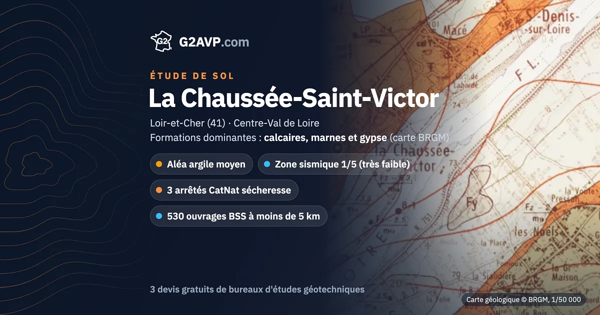 Étude de sol à La Chaussée-Saint-Victor : carte géologique BRGM du secteur, formations dominantes calcaires, marnes et gypse, aléa retrait-gonflement moyen, 3 arrêtés CatNat sécheresse