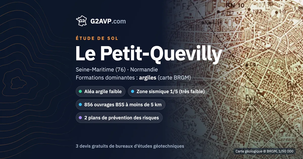 Étude de sol au Petit-Quevilly : carte géologique BRGM du secteur, formations dominantes argiles, aléa retrait-gonflement faible, 0 arrêté CatNat sécheresse