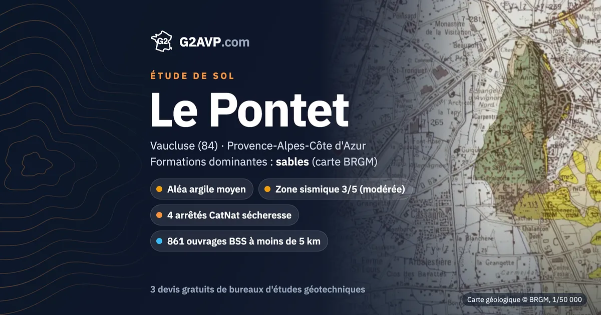 Étude de sol au Pontet : carte géologique BRGM du secteur, formations dominantes sables, aléa retrait-gonflement moyen, 4 arrêtés CatNat sécheresse