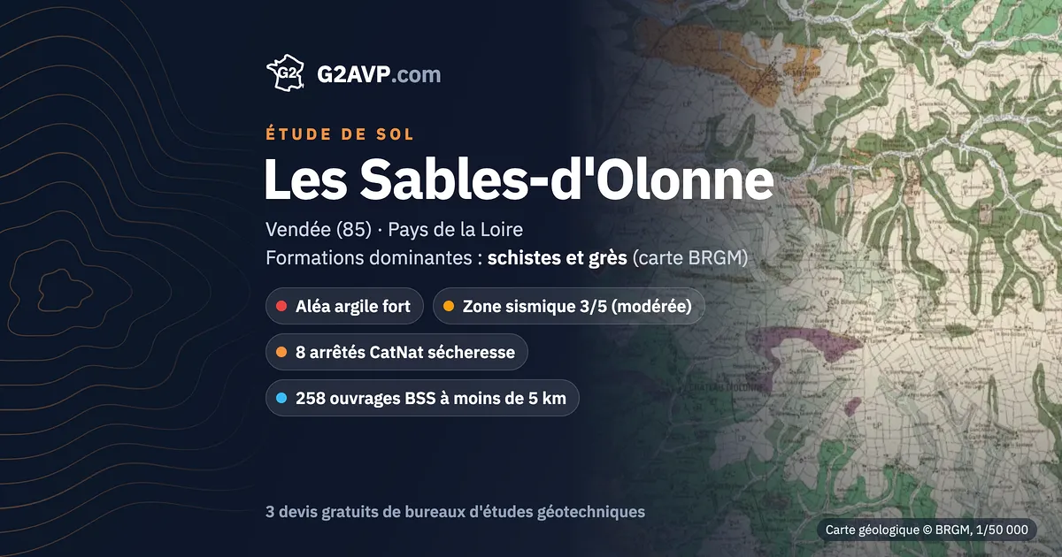 Étude de sol aux Sables-d'Olonne : carte géologique BRGM du secteur, formations dominantes schistes et grès, aléa retrait-gonflement fort, 8 arrêtés CatNat sécheresse