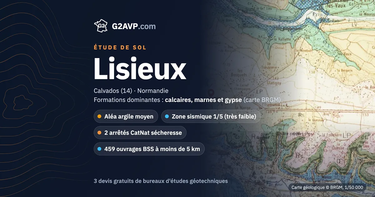 Étude de sol à Lisieux : carte géologique BRGM du secteur, formations dominantes calcaires, marnes et gypse, aléa retrait-gonflement moyen, 2 arrêtés CatNat sécheresse