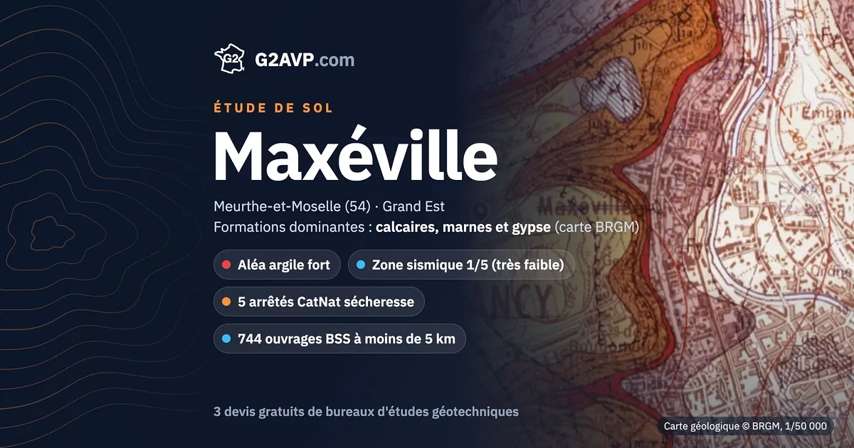 Étude de sol à Maxéville : carte géologique BRGM du secteur, formations dominantes calcaires, marnes et gypse, aléa retrait-gonflement fort, 5 arrêtés CatNat sécheresse