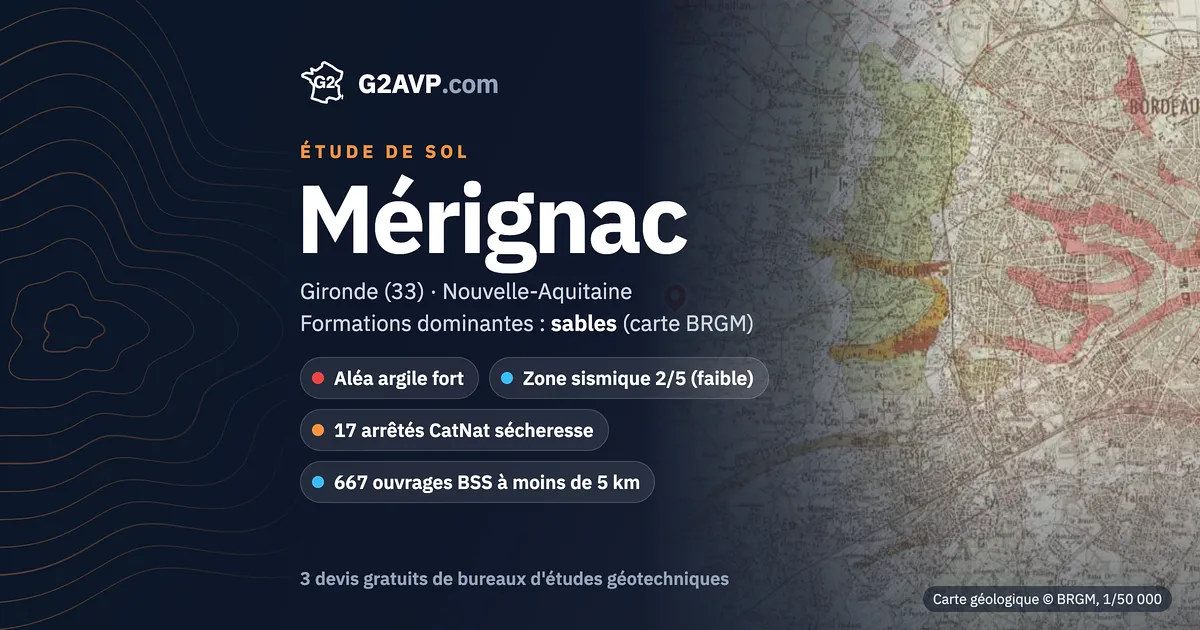 Étude de sol à Mérignac : carte géologique BRGM du secteur, formations dominantes sables, aléa retrait-gonflement fort, 17 arrêtés CatNat sécheresse