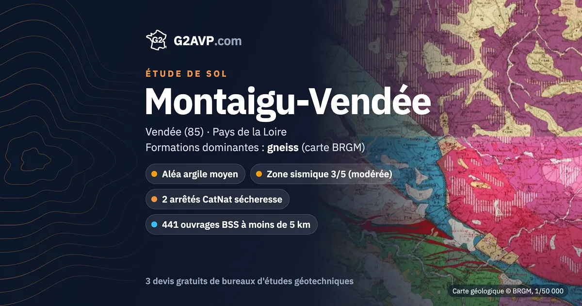Étude de sol à Montaigu-Vendée : carte géologique BRGM du secteur, formations dominantes gneiss, aléa retrait-gonflement moyen, 2 arrêtés CatNat sécheresse