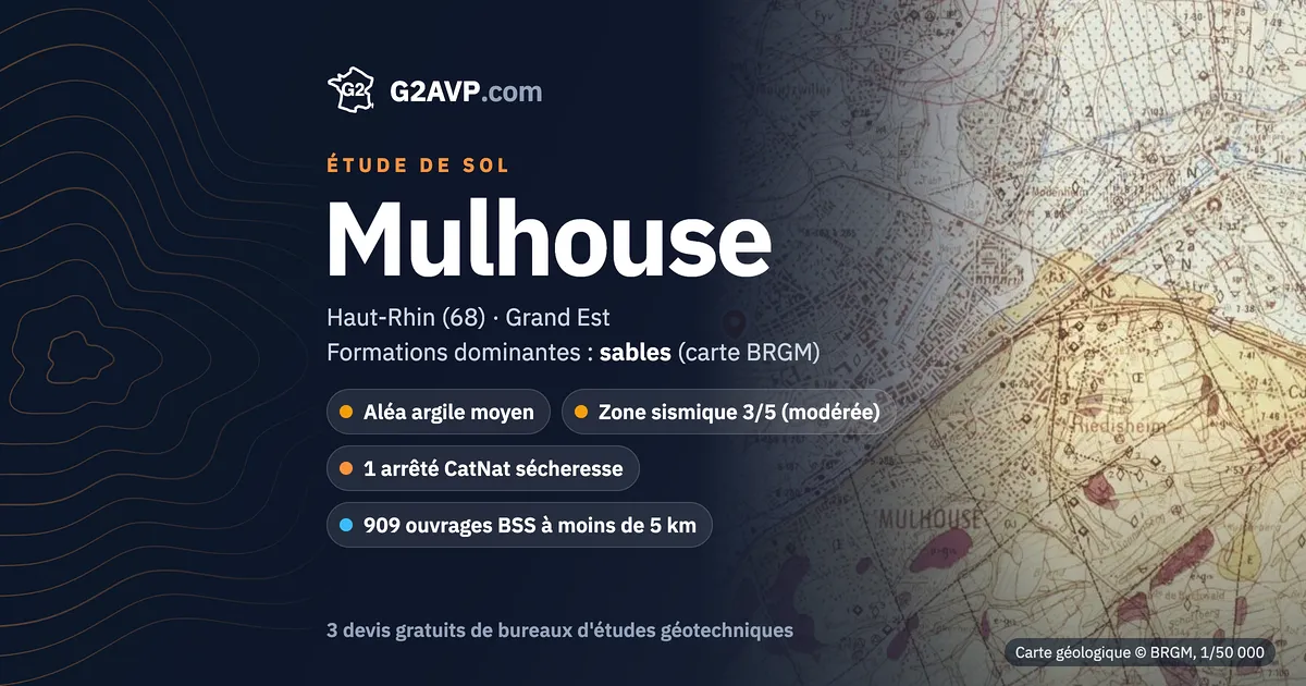 Étude de sol à Mulhouse : carte géologique BRGM du secteur, formations dominantes sables, aléa retrait-gonflement moyen, 1 arrêté CatNat sécheresse
