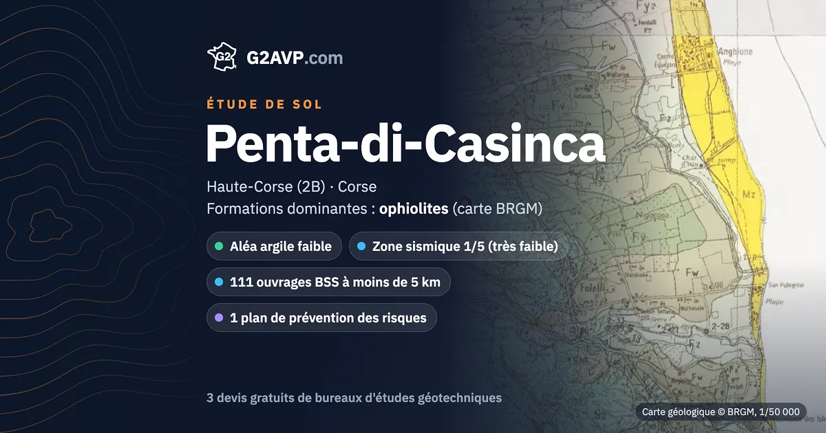 Étude de sol à Penta-di-Casinca : carte géologique BRGM du secteur, formations dominantes ophiolites, aléa retrait-gonflement faible, 0 arrêté CatNat sécheresse