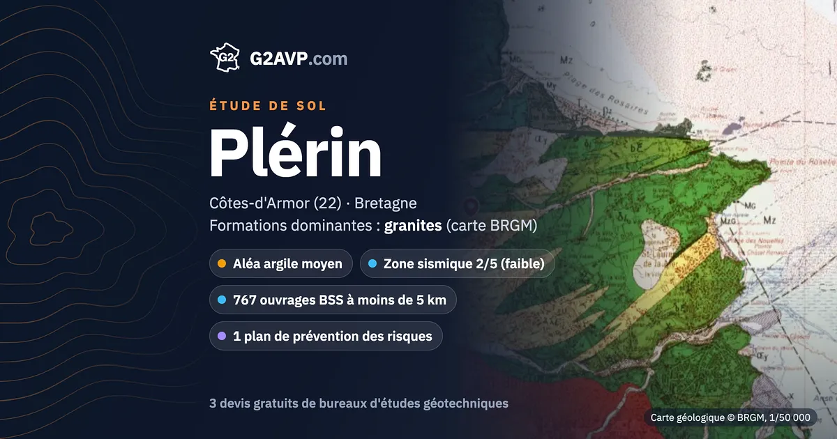 Étude de sol à Plérin : carte géologique BRGM du secteur, formations dominantes granites, aléa retrait-gonflement moyen, 0 arrêté CatNat sécheresse