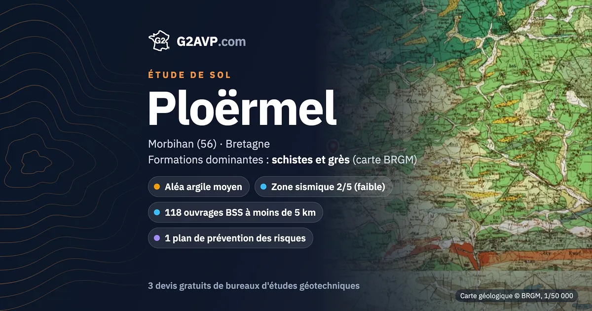 Étude de sol à Ploërmel : carte géologique BRGM du secteur, formations dominantes schistes et grès, aléa retrait-gonflement moyen, 0 arrêté CatNat sécheresse