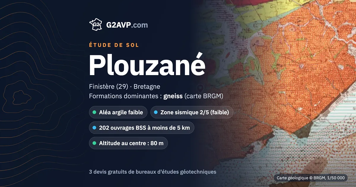 Étude de sol à Plouzané : carte géologique BRGM du secteur, formations dominantes gneiss, aléa retrait-gonflement faible, 0 arrêté CatNat sécheresse
