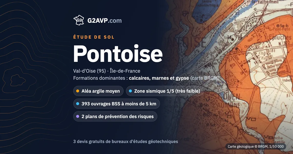 Étude de sol à Pontoise : carte géologique BRGM du secteur, formations dominantes calcaires, marnes et gypse, aléa retrait-gonflement moyen, 0 arrêté CatNat sécheresse