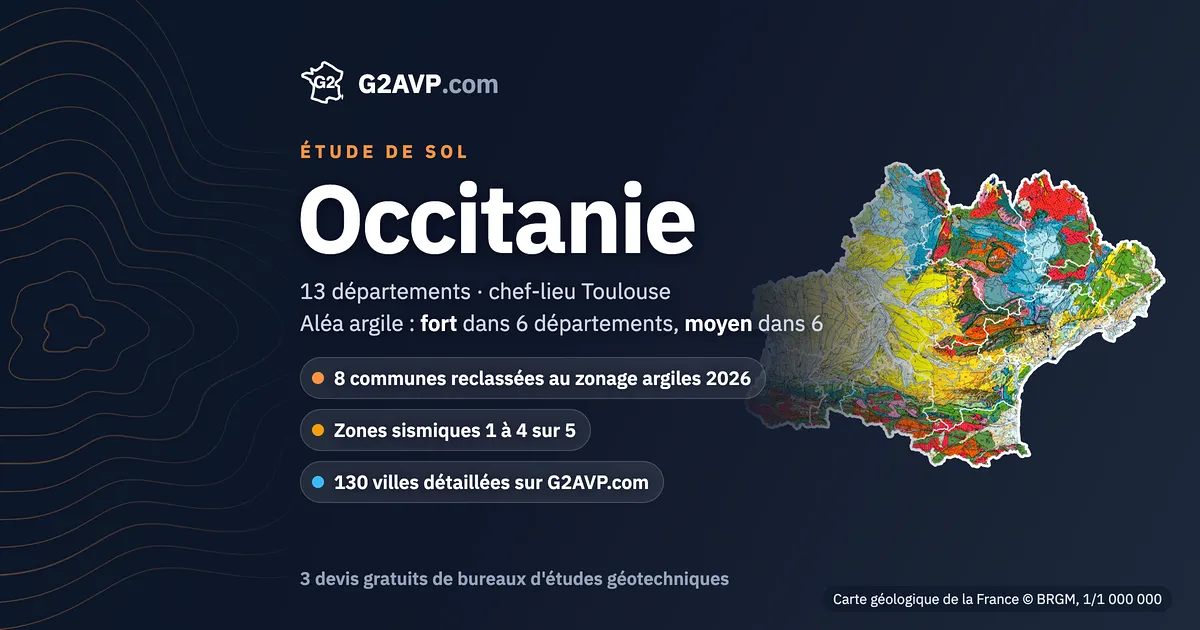 Étude de sol en Occitanie : carte géologique de la région (BRGM, 1/1 000 000), 13 départements, aléa argile fort sur 6 départements
