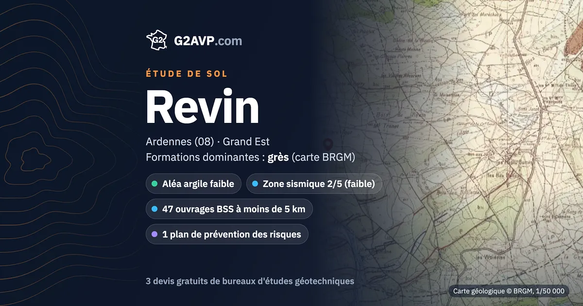 Étude de sol à Revin : carte géologique BRGM du secteur, formations dominantes grès, aléa retrait-gonflement faible, 0 arrêté CatNat sécheresse